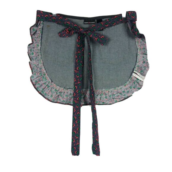Crafted Denim Apron Repurposed Ruffle Jean Pockets Cooking Kitchen Blue Cherry - Picture 2 of 8